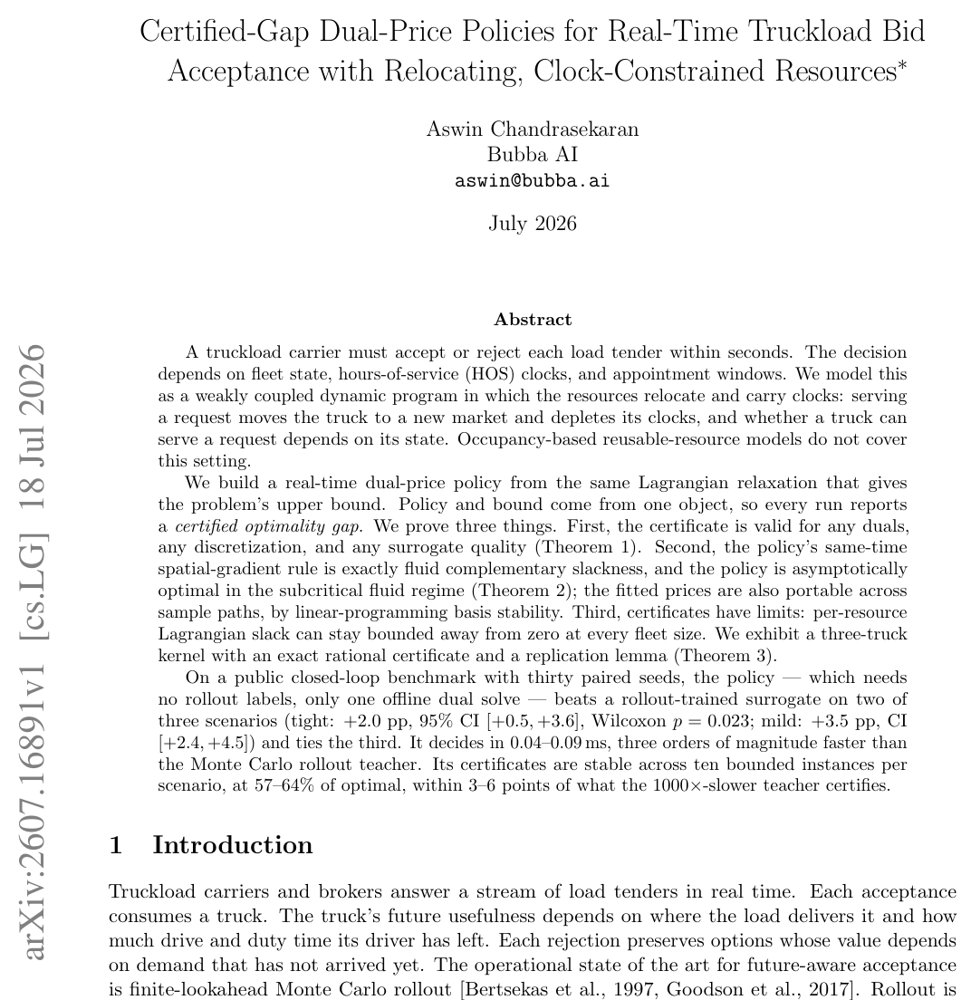 Certified-Gap Dual-Price Policies for Real-Time Truckload Bid Acceptance with Relocating, Clock-Constrained Resources Figure 1