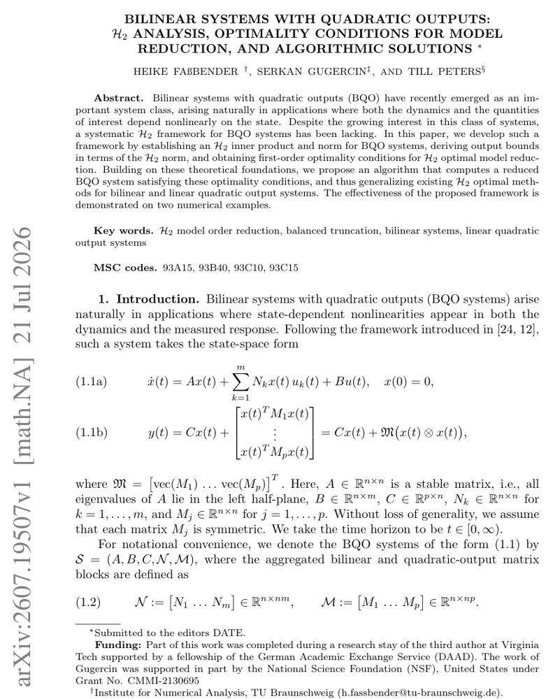 Bilinear Systems with Quadratic Outputs: $\mathcal{H}_2$ Analysis, Optimality Conditions for Model Reduction, and Algorithmic Solutions Figure 1