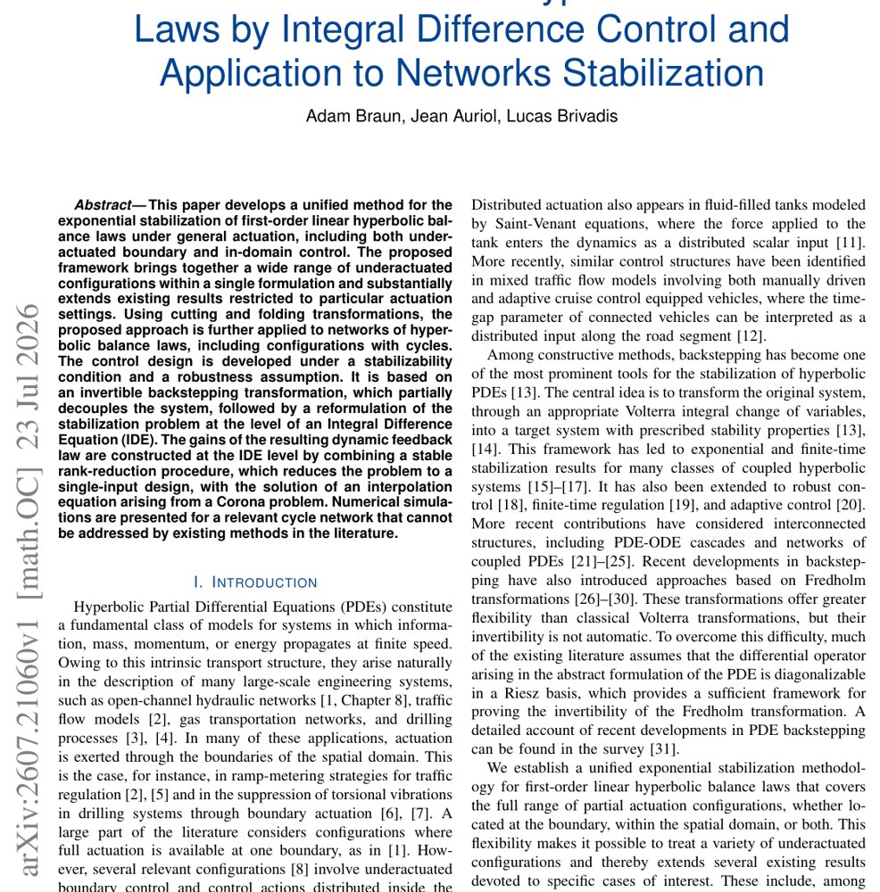 Stabilization of 1D Linear Hyperbolic Balance Laws by Integral Difference Control and Application to Networks Stabilization Figure 1