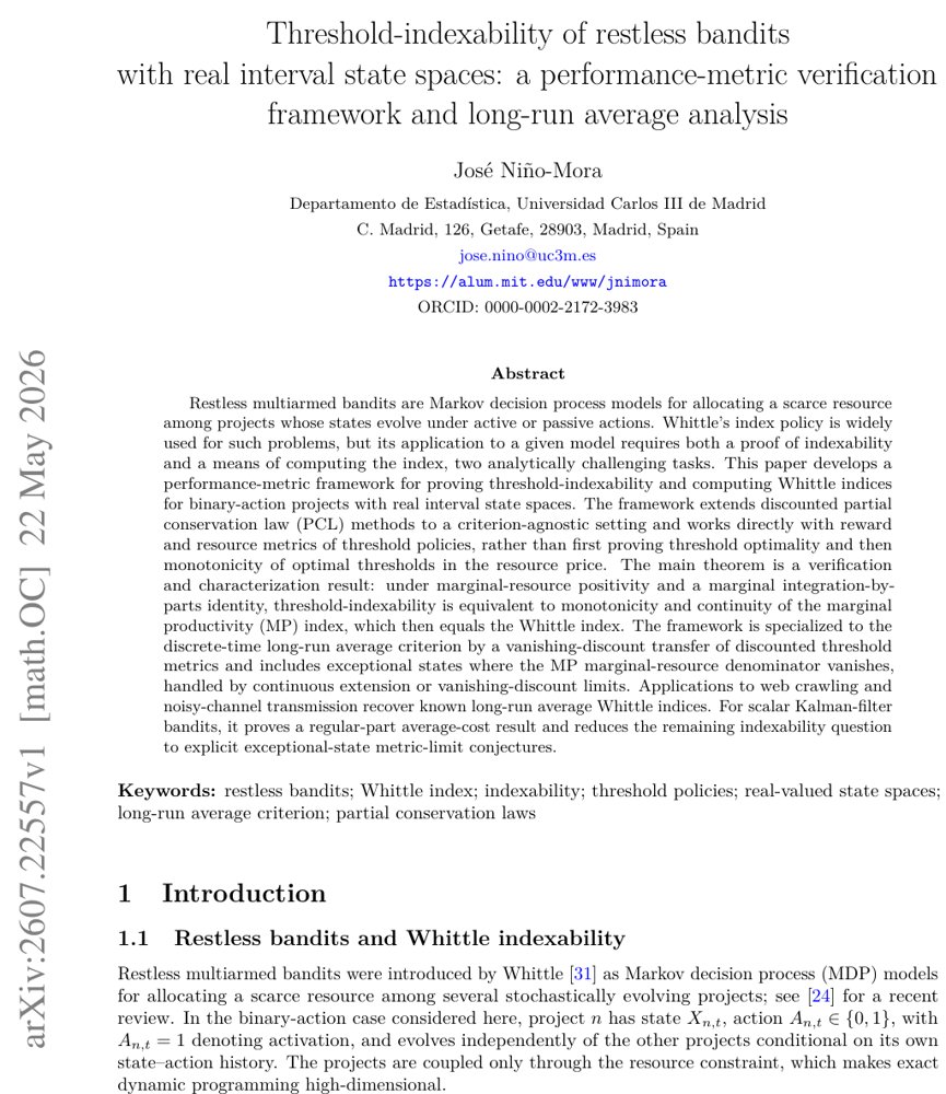 Threshold-indexability of restless bandits with real interval state spaces: a performance-metric verification framework and long-run average analysis Figure 1