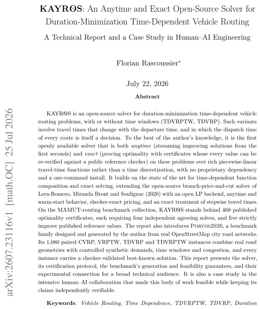 KAYROS: An Anytime and Exact Open-Source Solver for Duration-Minimization Time-Dependent Vehicle Routing. A Technical Report and a Case Study in Human-AI Engineering Figure 1