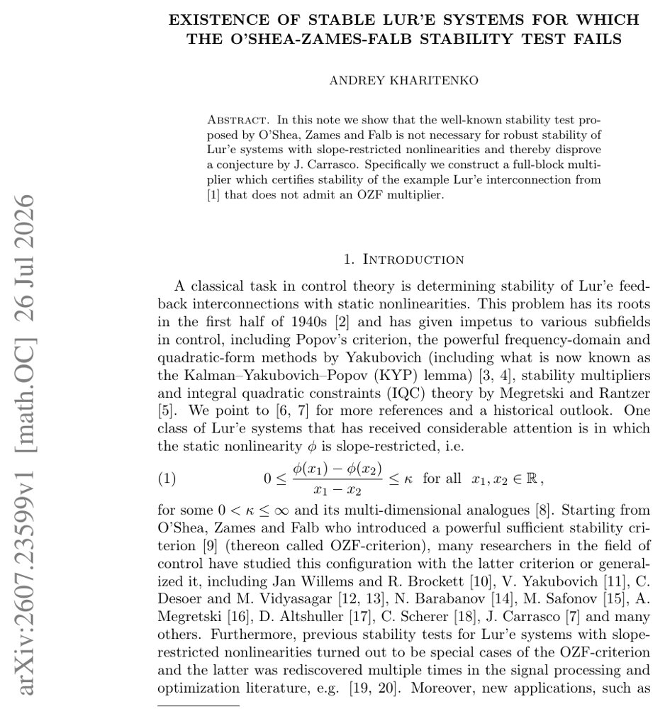 Existence of stable Lur'e systems for which the O'Shea-Zames-Falb stability test fails Figure 1