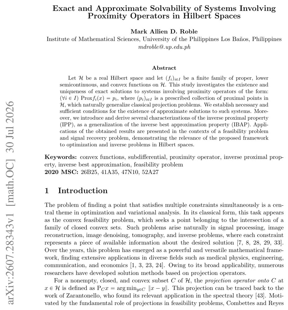 Exact and Approximate Solvability of Systems Involving Proximity Operators in Hilbert Spaces Figure 1