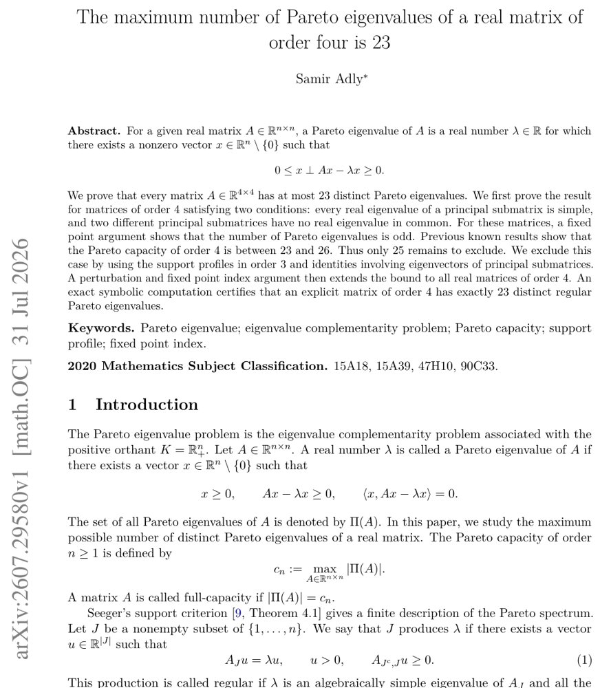 The maximum number of Pareto eigenvalues of a real matrix of order four is 23 Figure 1
