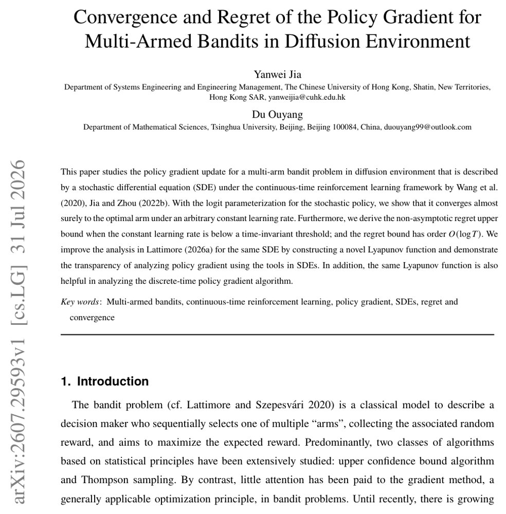 Convergence and Regret of the Policy Gradient for Multi-Armed Bandits in Diffusion Environment Figure 1