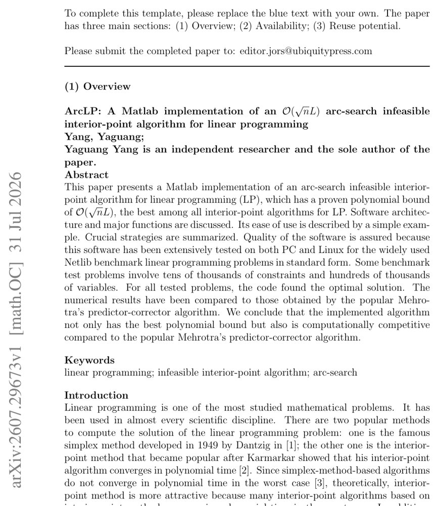ArcLP: A Matlab implementation of an $\mathcal{O}(\sqrt{n}L)$ arc-search infeasible interior-point algorithm for linear programming Figure 1