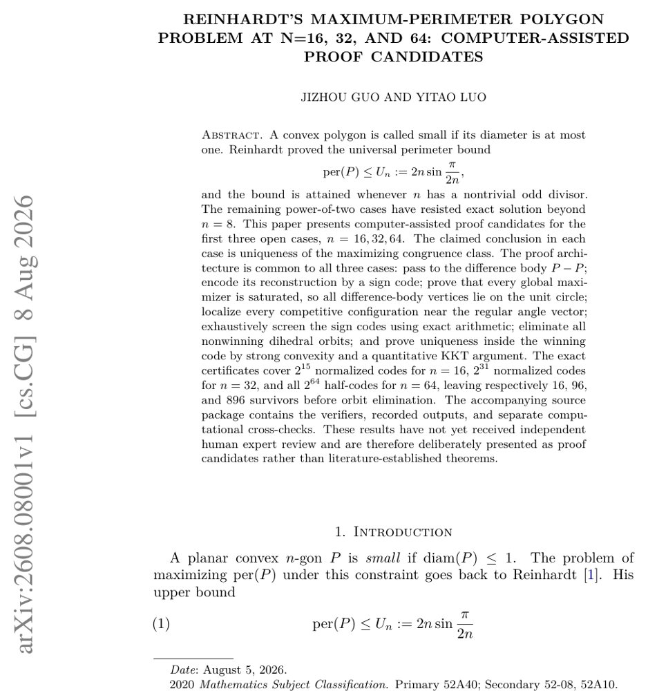 Reinhardt's Maximum-Perimeter Polygon Problem at n=16, 32, and 64: Computer-Assisted Proof Candidates Figure 1