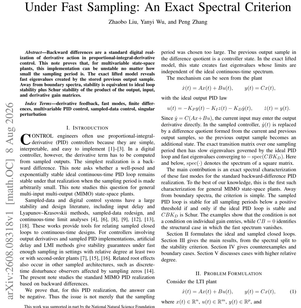 Stability of MIMO PID With Backward Differences Under Fast Sampling: An Exact Spectral Criterion Figure 1