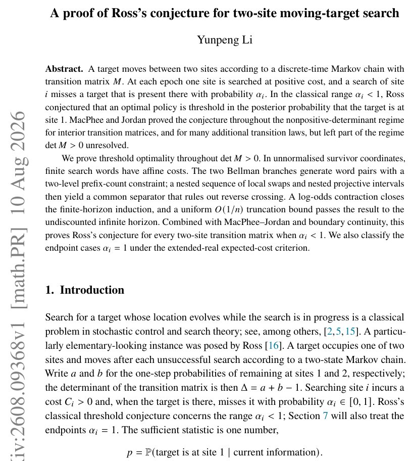 A proof of Ross's conjecture for two-site moving-target search Figure 1
