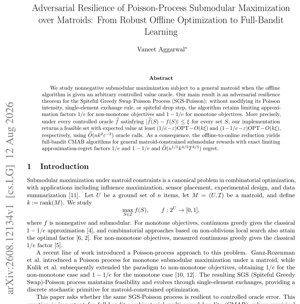Adversarial Resilience of Poisson-Process Submodular Maximization over Matroids: From Robust Offline Optimization to Full-Bandit Learning Figure 1
