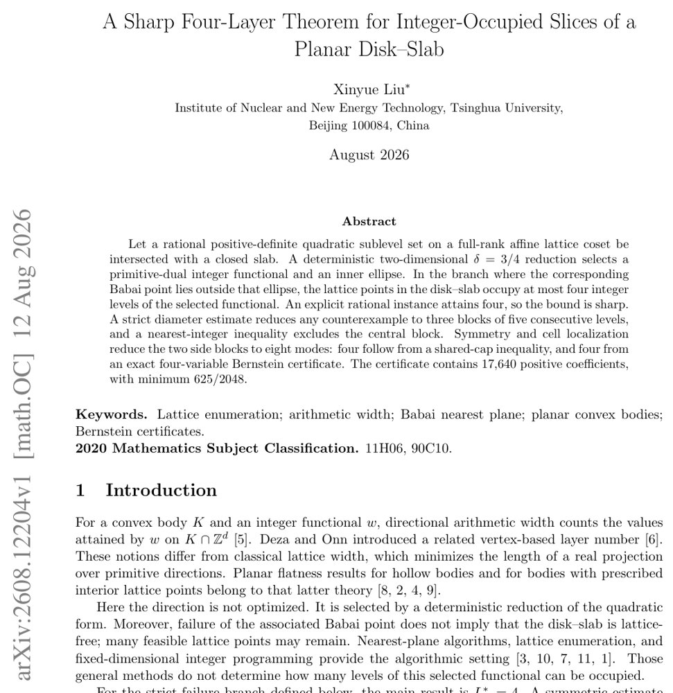 A Sharp Four-Layer Theorem for Integer-Occupied Slices of a Planar Disk-Slab Figure 1