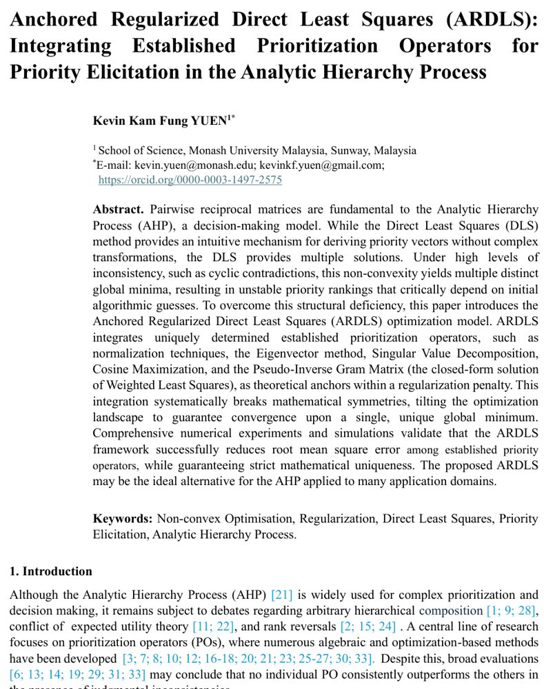 Anchored Regularized Direct Least Squares (ARDLS): Integrating Established Prioritization Operators for Priority Elicitation in the Analytic Hierarchy Process Figure 1
