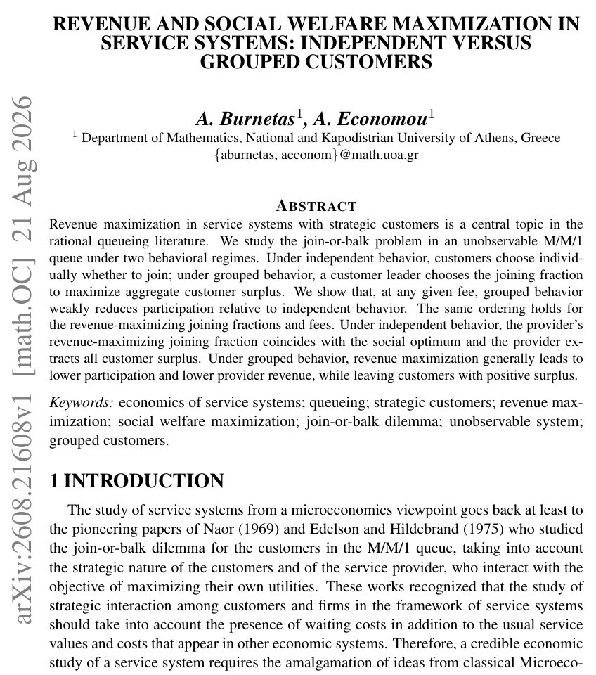 Revenue and Social Welfare Maximization in Service Systems: Independent vs Grouped Customers Figure 1