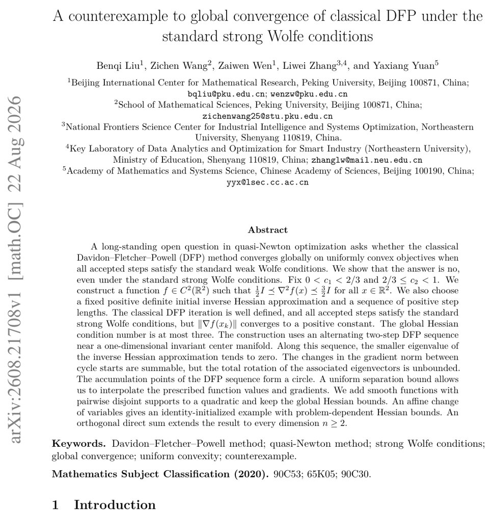 A counterexample to global convergence of classical DFP under the standard strong Wolfe conditions Figure 1