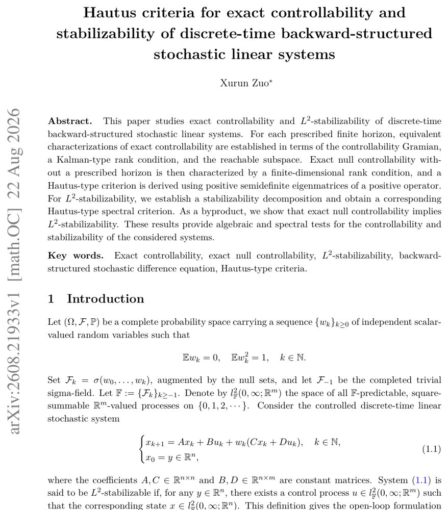 Hautus criteria for exact controllability and stabilizability of discrete-time backward-structured stochastic linear systems Figure 1