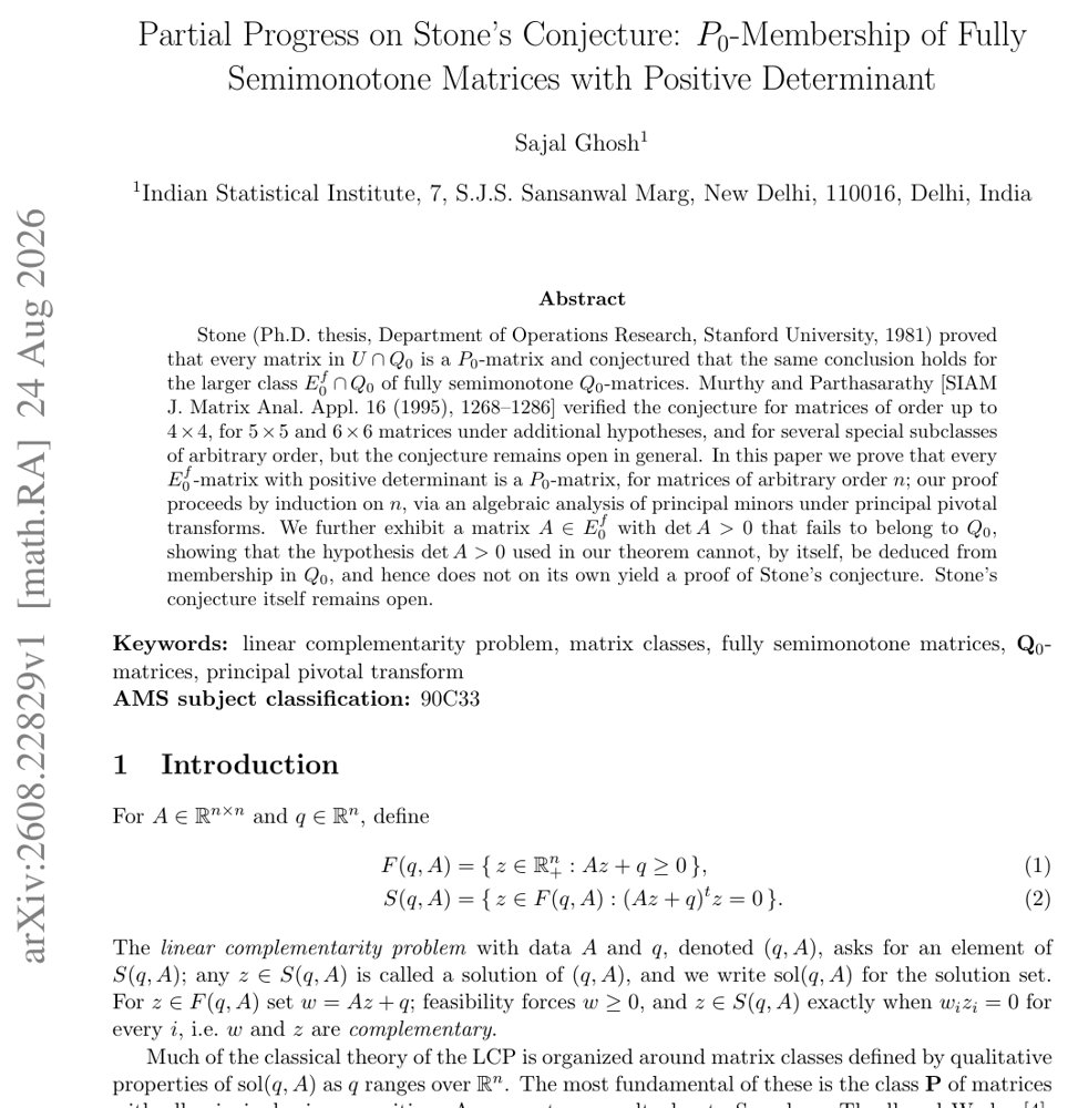 Partial Progress on Stone's Conjecture: $P_0$-Membership of Fully Semimonotone Matrices with Positive Determinant Figure 1