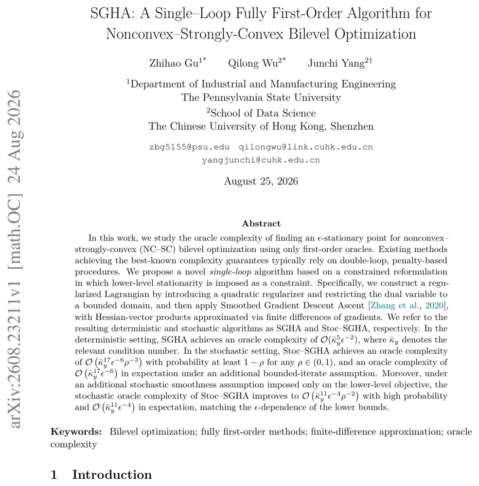 SGHA: A Single-Loop Fully First-Order Algorithm for Nonconvex-Strongly-Convex Bilevel Optimization Figure 1