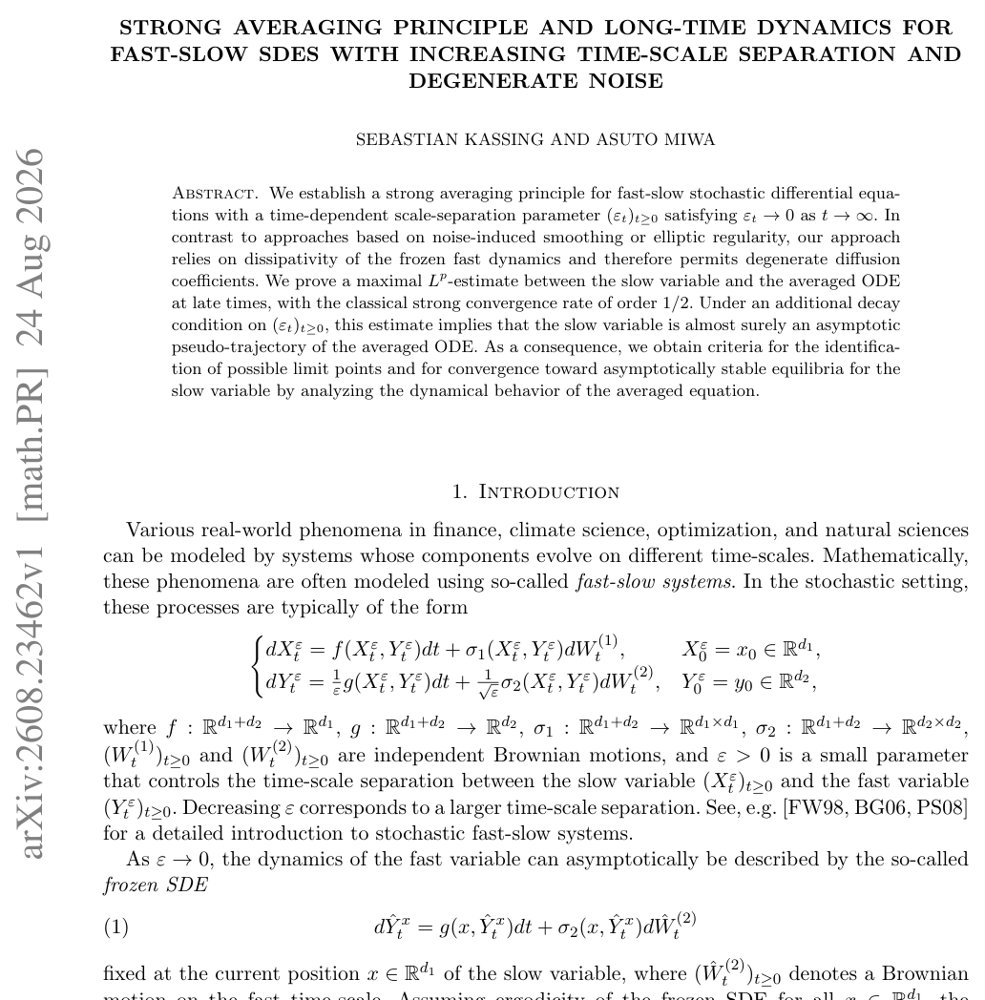 Strong Averaging Principle and Long-Time Dynamics for Fast-Slow SDEs with Increasing Time-Scale Separation and Degenerate Noise Figure 1