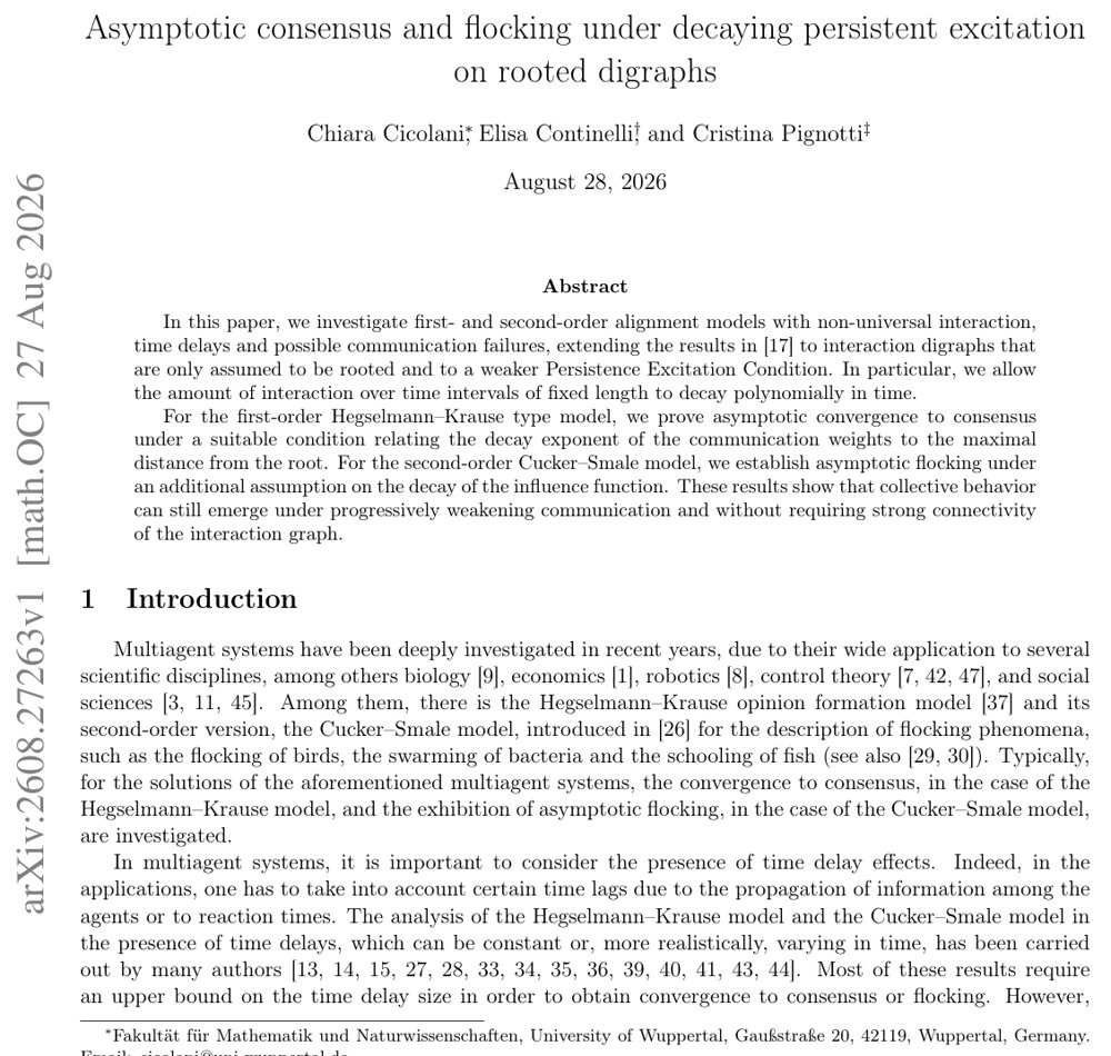 Asymptotic consensus and flocking under decaying persistent excitation on rooted digraphs Figure 1