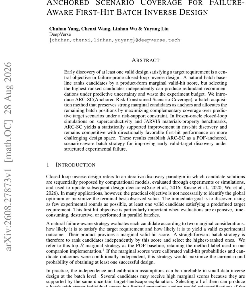 Anchored Scenario Coverage for Failure-Aware First-Hit Batch Inverse Design Figure 1