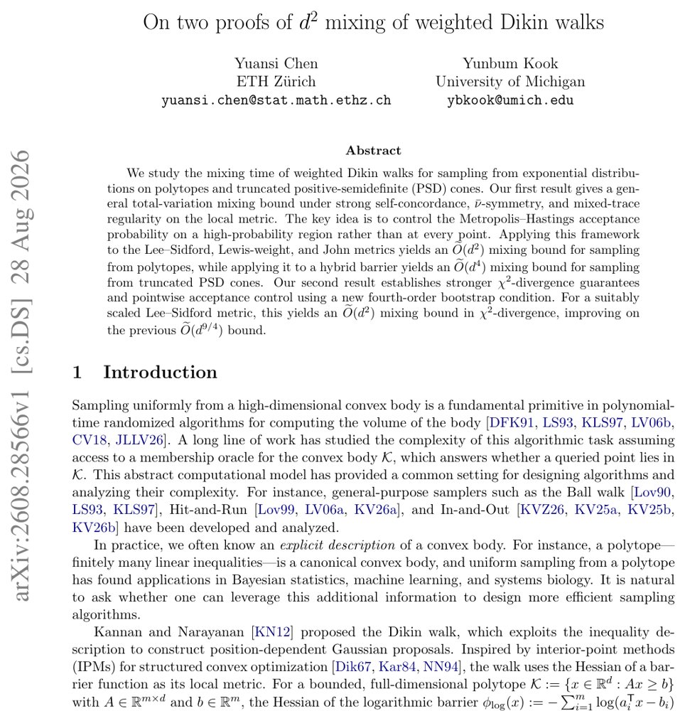 On two proofs of $d^2$ mixing of weighted Dikin walks Figure 1