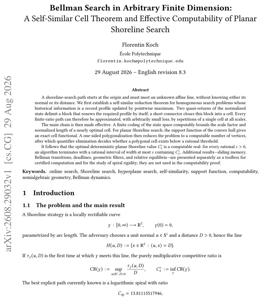 Bellman Search in Arbitrary Finite Dimension: A Self-Similar Cell Theorem and Effective Computability of Planar Shoreline Search Figure 1