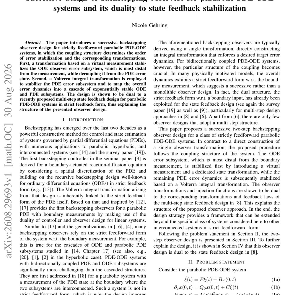 Successive design of backstepping observers for parabolic PDE-ODE systems and its duality to state feedback stabilization Figure 1