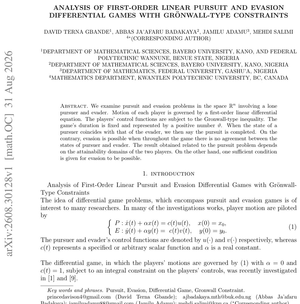 Analysis of First-Order Linear Pursuit and Evasion Differential Games with Gronwall-Type Constraints Figure 1