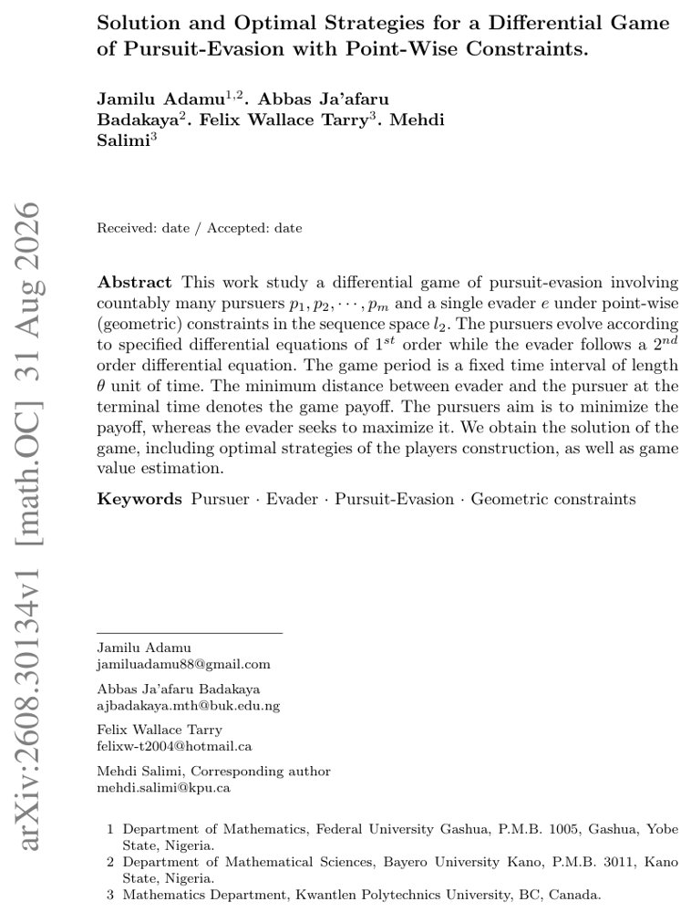 Solution and Optimal Strategies for a Differential Game of Pursuit-Evasion with Point-Wise Constraints Figure 1