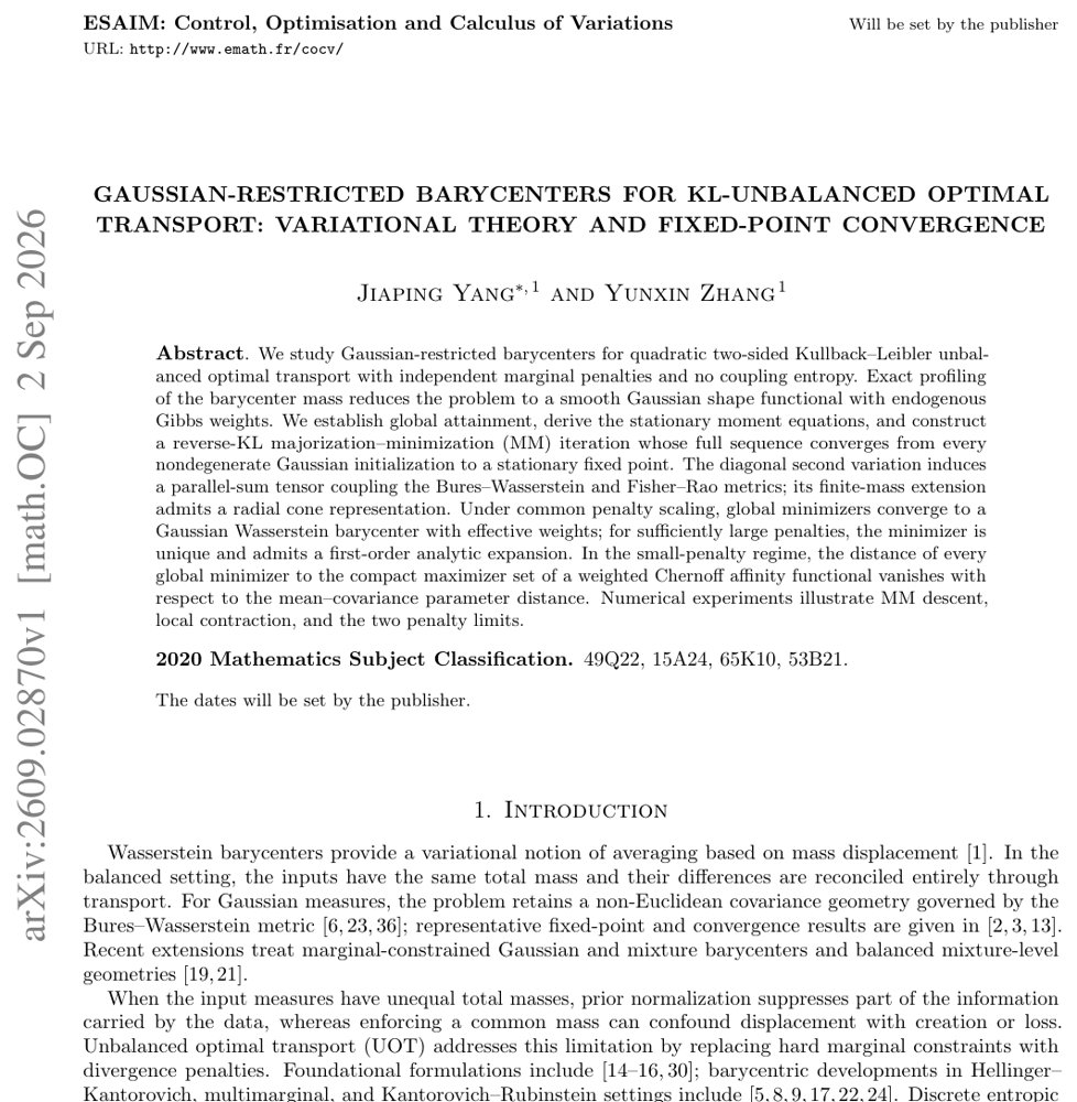 Gaussian-Restricted Barycenters for KL-Unbalanced Optimal Transport: Variational Theory and Fixed-Point Convergence Figure 1