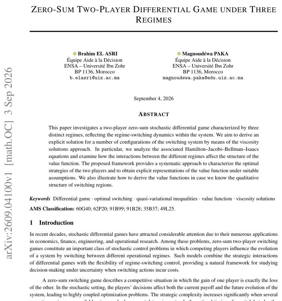 Zero sum two-player differential game under three regimes Figure 1
