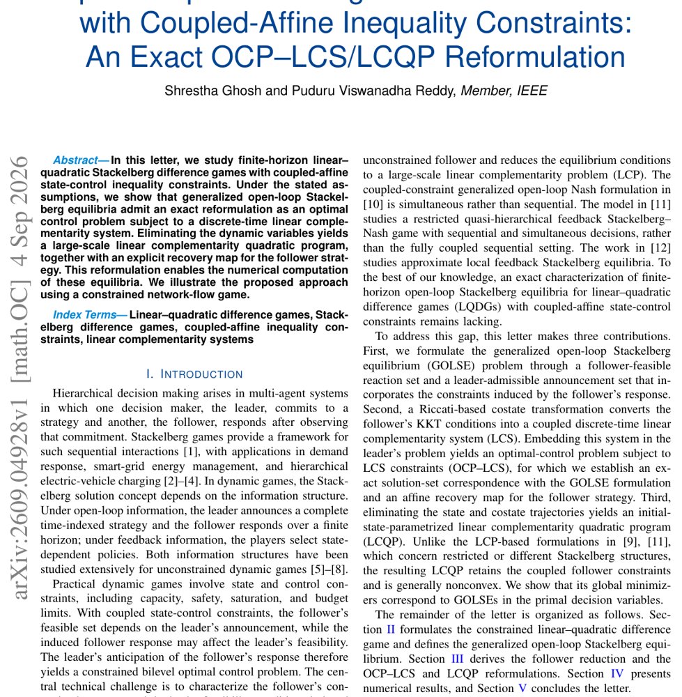 Open-Loop Stackelberg LQ Difference Games with Coupled-Affine Inequality Constraints: An Exact OCP--LCS/LCQP Reformulation Figure 1