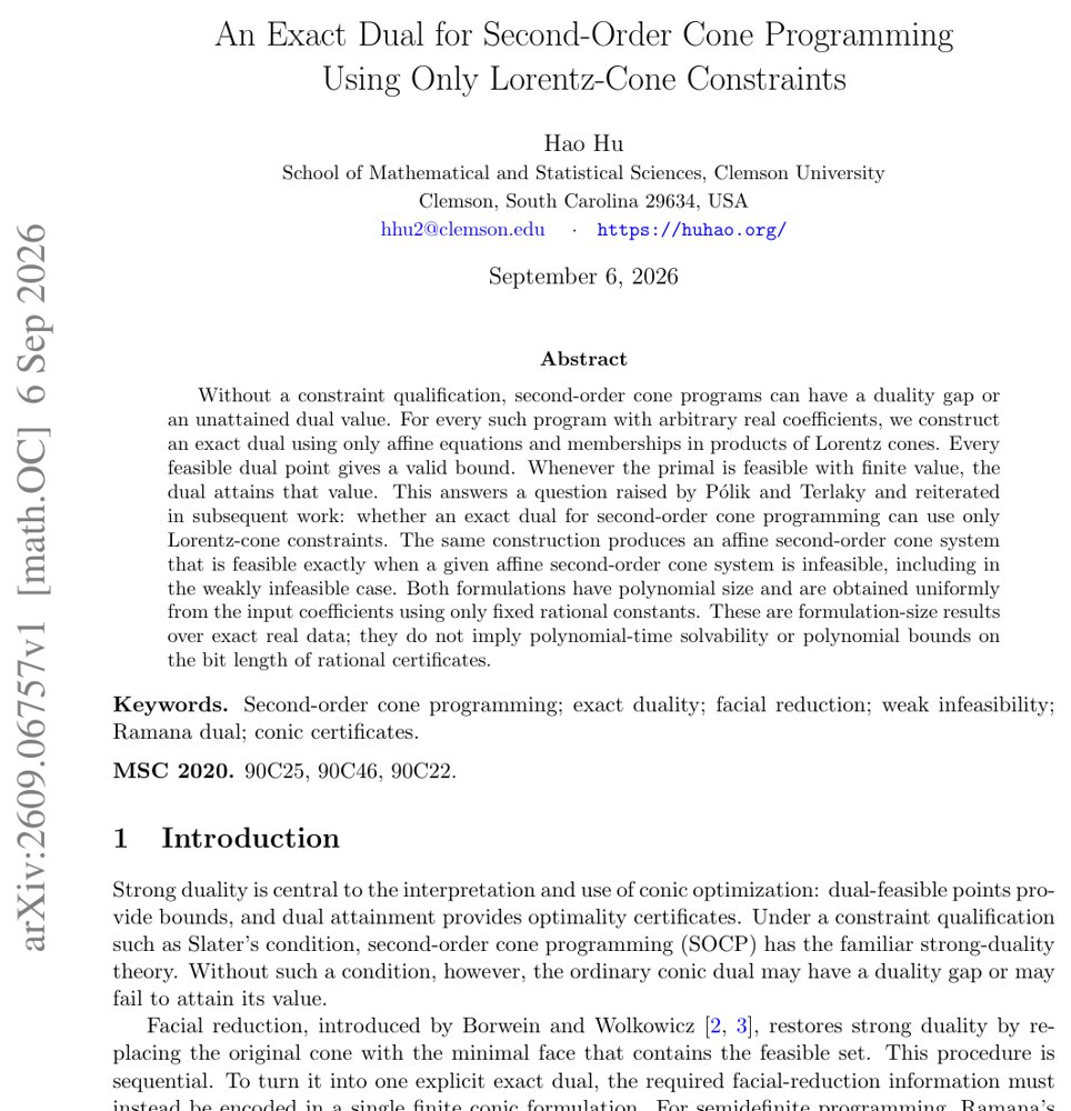 An Exact Dual for Second-Order Cone Programming Using Only Lorentz-Cone Constraints Figure 1