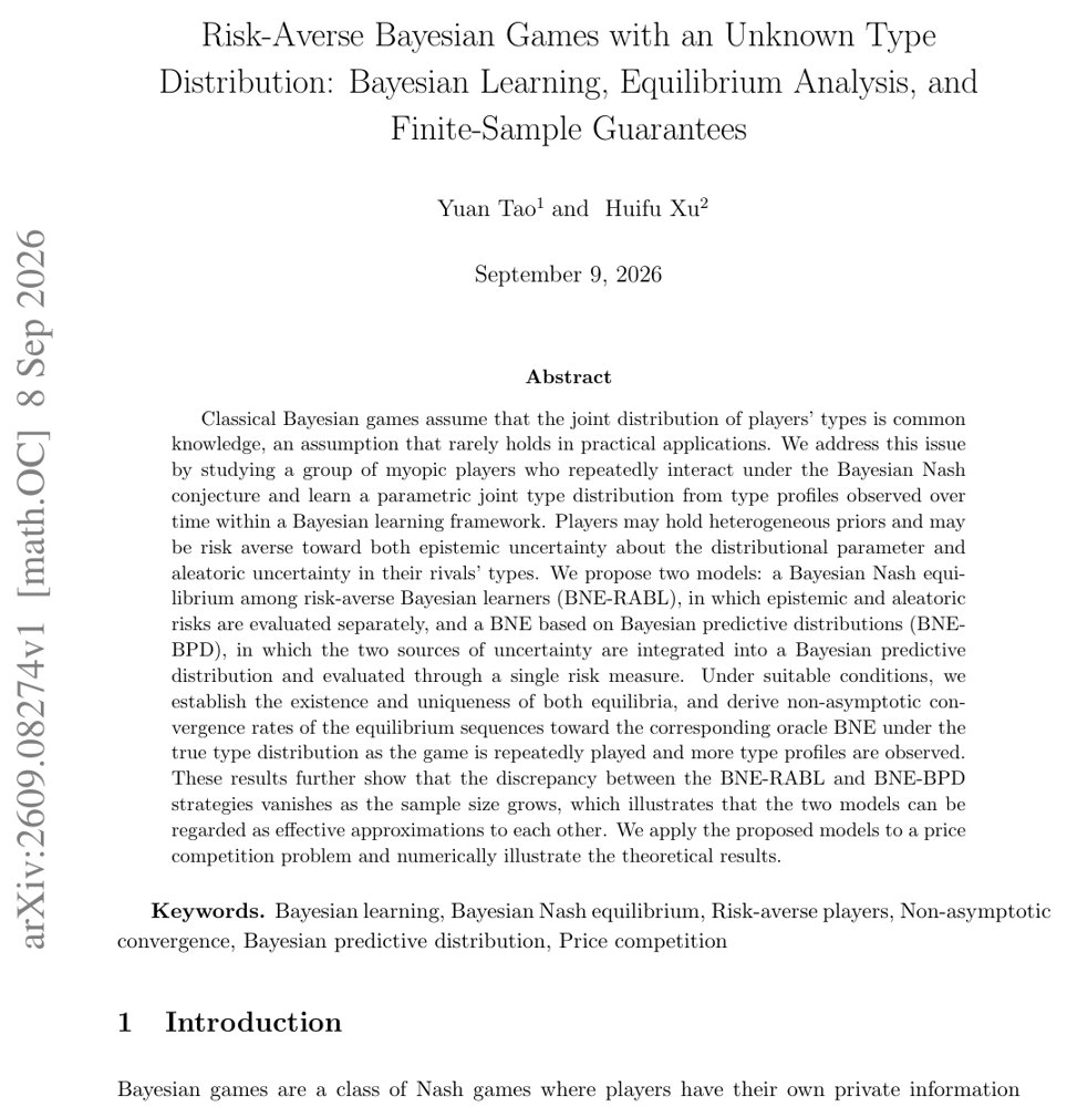 Risk-Averse Bayesian Games with an Unknown Type Distribution: Bayesian Learning, Equilibrium Analysis, and Finite-Sample Guarantees Figure 1