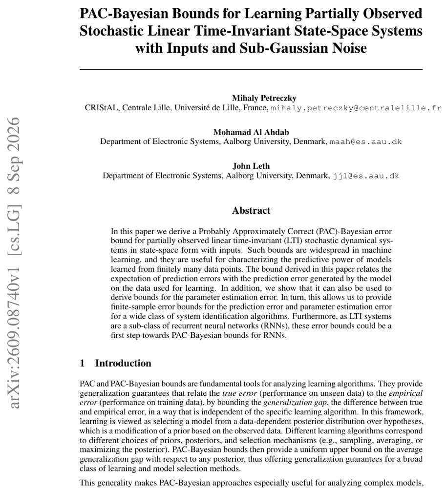 PAC-Bayesian Bounds for Learning Partially Observed Stochastic Linear Time-Invariant State-Space Systems with Inputs and Sub-Gaussian Noise Figure 1