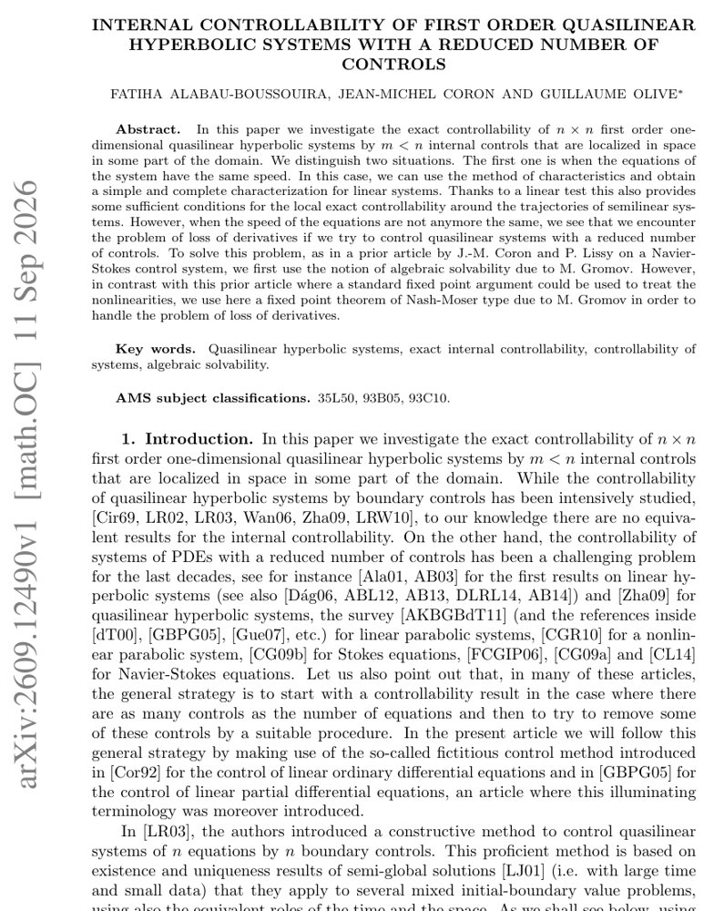 Internal controllability of first order quasilinear hyperbolic systems with a reduced number of controls Figure 1