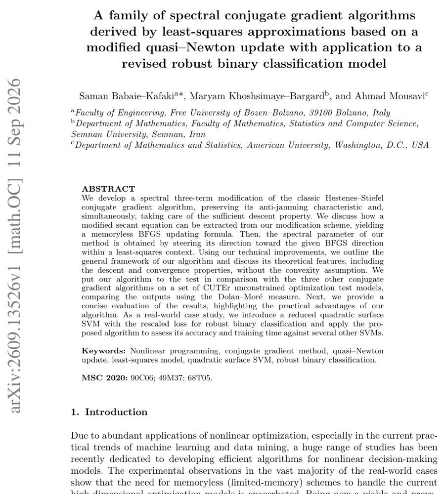 A family of spectral conjugate gradient algorithms derived by least-squares approximations based on a modified quasi--Newton update with application to a revised robust binary classification model Figure 1