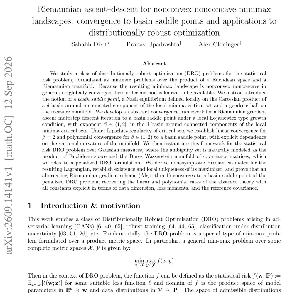 Riemannian ascent--descent for nonconvex nonconcave minimax landscapes: convergence to basin saddle points and applications to distributionally robust optimization Figure 1
