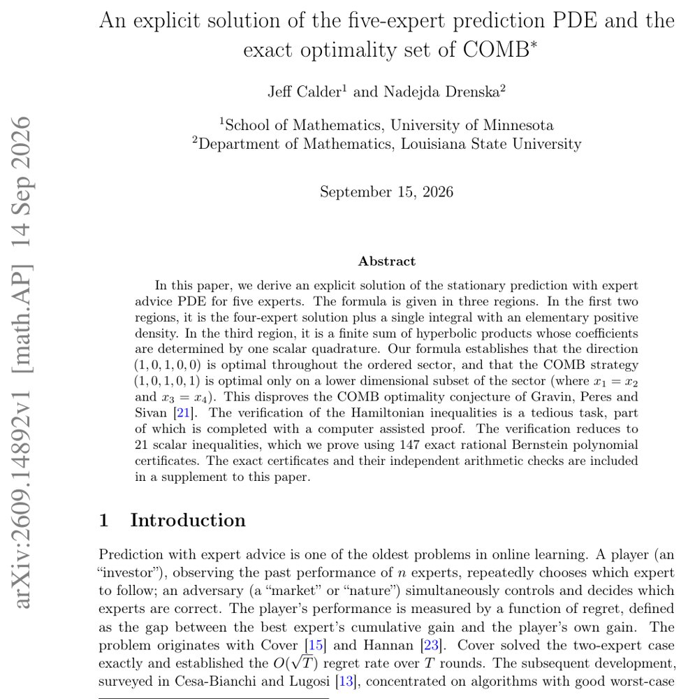 An explicit solution of the five-expert prediction PDE and the exact optimality set of COMB Figure 1