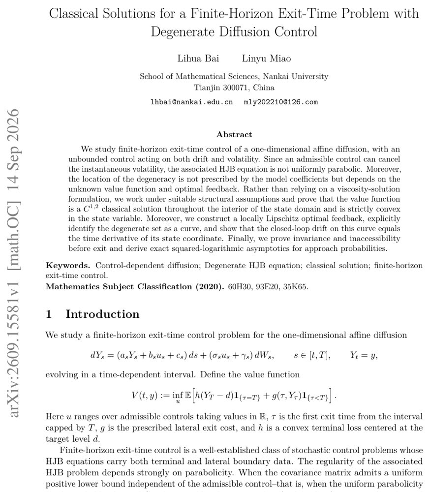 Classical Solutions for a Finite-Horizon Exit-Time Problem with Degenerate Diffusion Control Figure 1