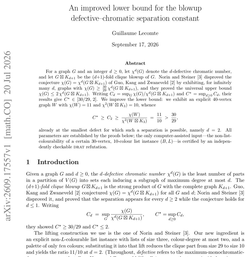 An improved lower bound for the blowup defective chromatic separation constant Figure 1