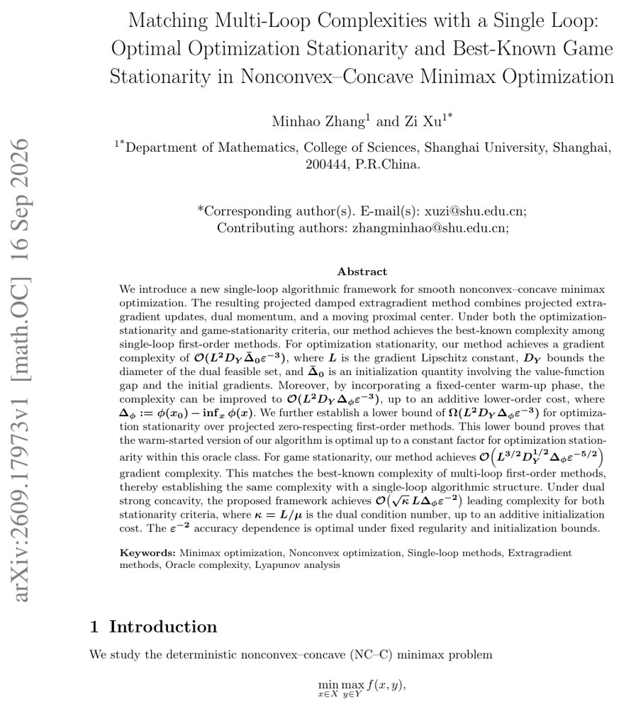 Matching Multi-Loop Complexities with a Single Loop: Optimal Optimization Stationarity and Best-Known Game Stationarity in Nonconvex--Concave Minimax Optimization Figure 1