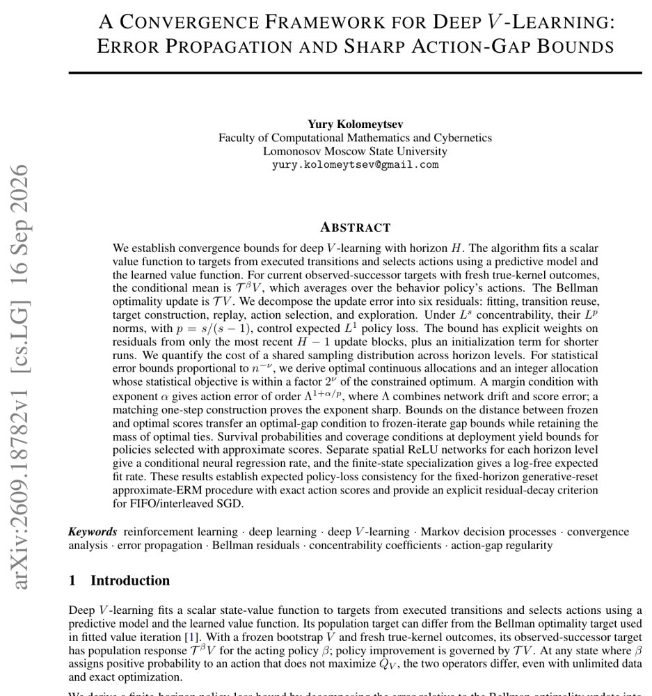 A Convergence Framework for Deep $V$-Learning: Error Propagation and Sharp Action-Gap Bounds Figure 1