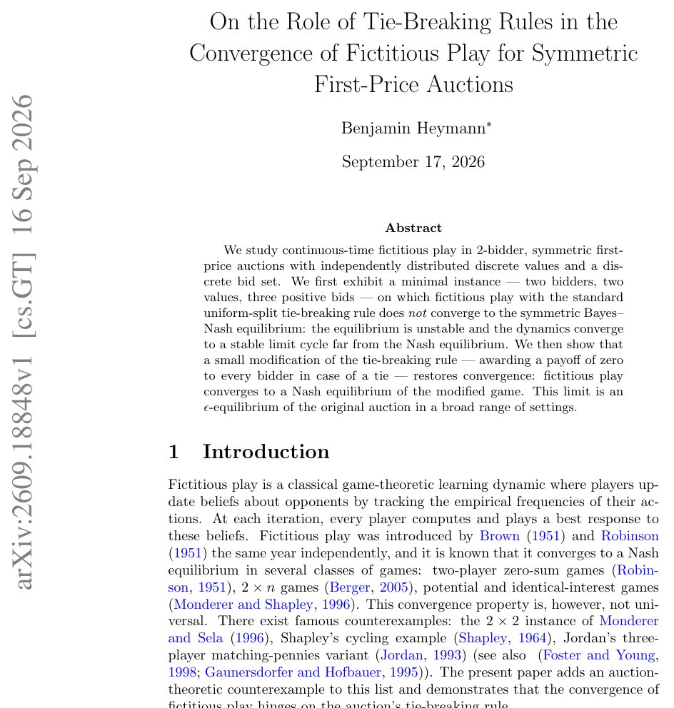 On the Role of Tie-Breaking Rules in the Convergence of Fictitious Play for Symmetric First-Price Auctions Figure 1