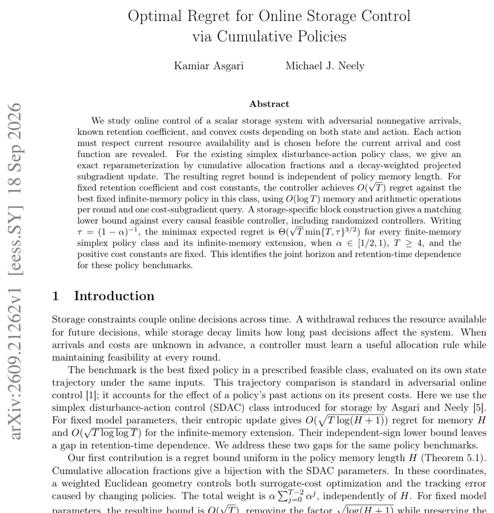 Optimal Regret for Online Storage Control via Cumulative Policies Figure 1