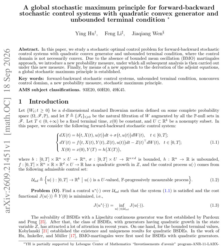 A global stochastic maximum principle for forward-backward stochastic control systems with quadratic convex generator and unbounded terminal condition Figure 1