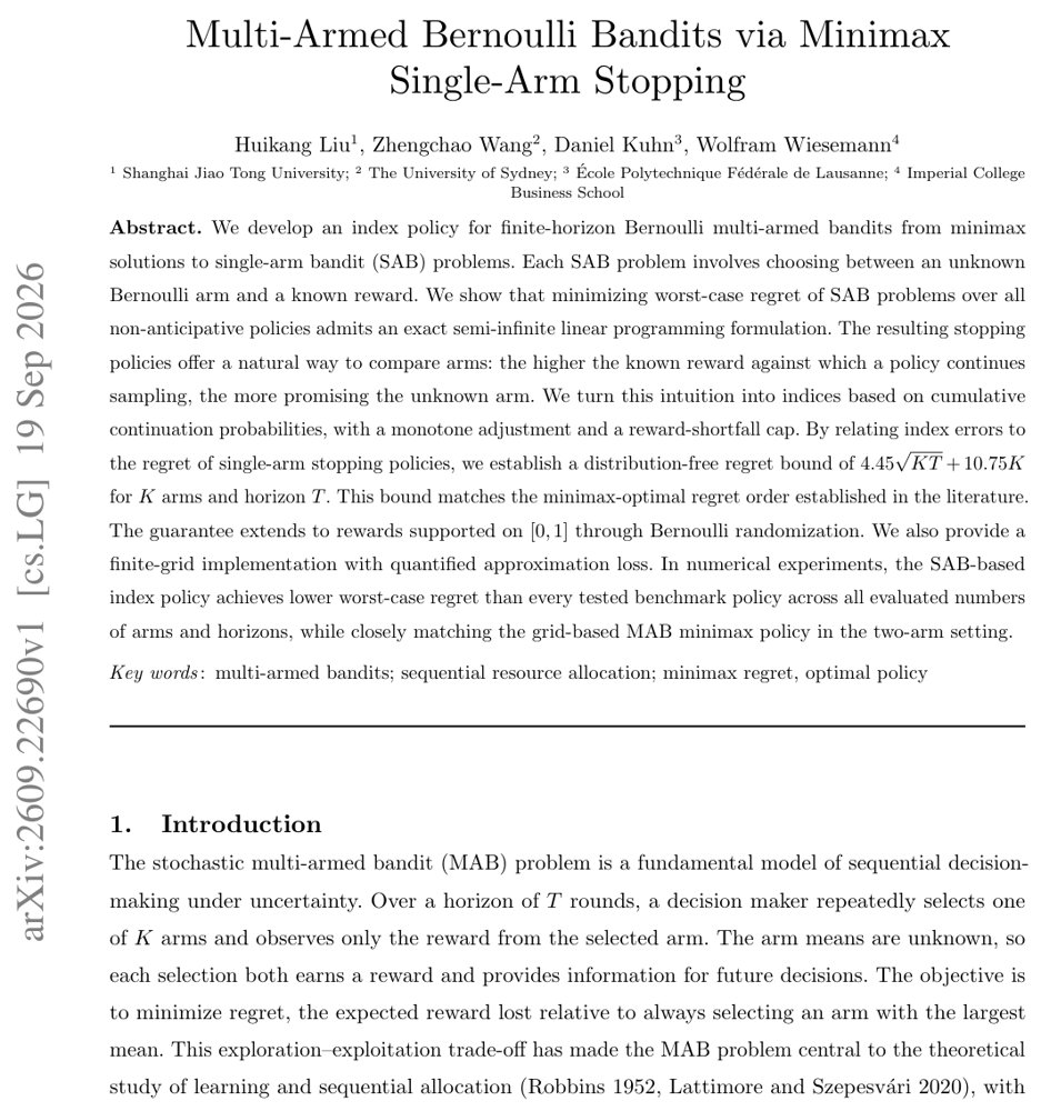 Multi-Armed Bernoulli Bandits via Minimax Single-Arm Stopping Figure 1