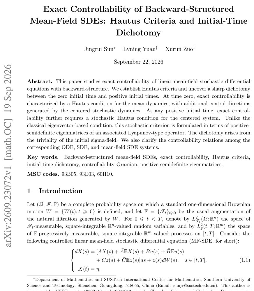 Exact Controllability of Backward-Structured Mean-Field SDEs: Hautus Criteria and Initial-Time Dichotomy Figure 1
