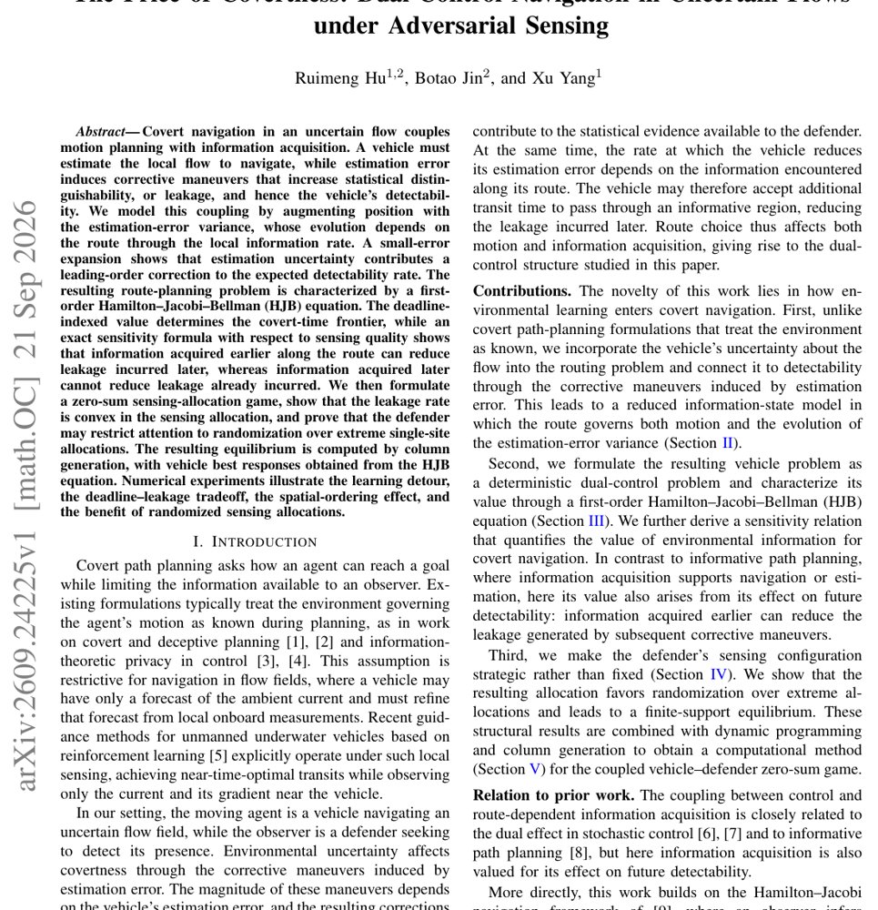 The Price of Covertness: Dual-Control Navigation in Uncertain Flows under Adversarial Sensing Figure 1