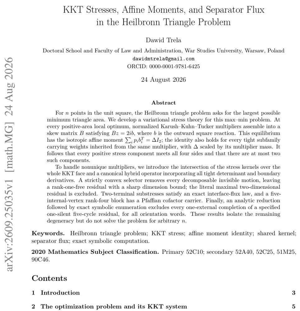 KKT Stresses, Affine Moments, and Separator Flux in the Heilbronn Triangle Problem Figure 1